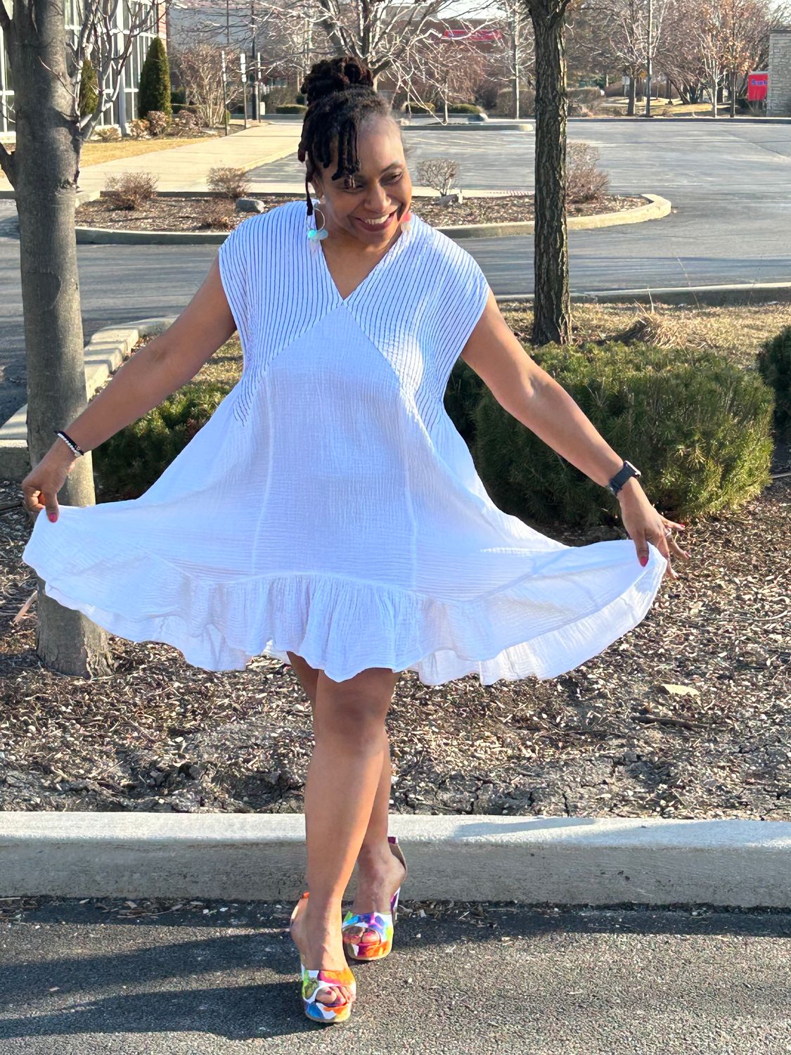 Striped Flare Midi Dress - White