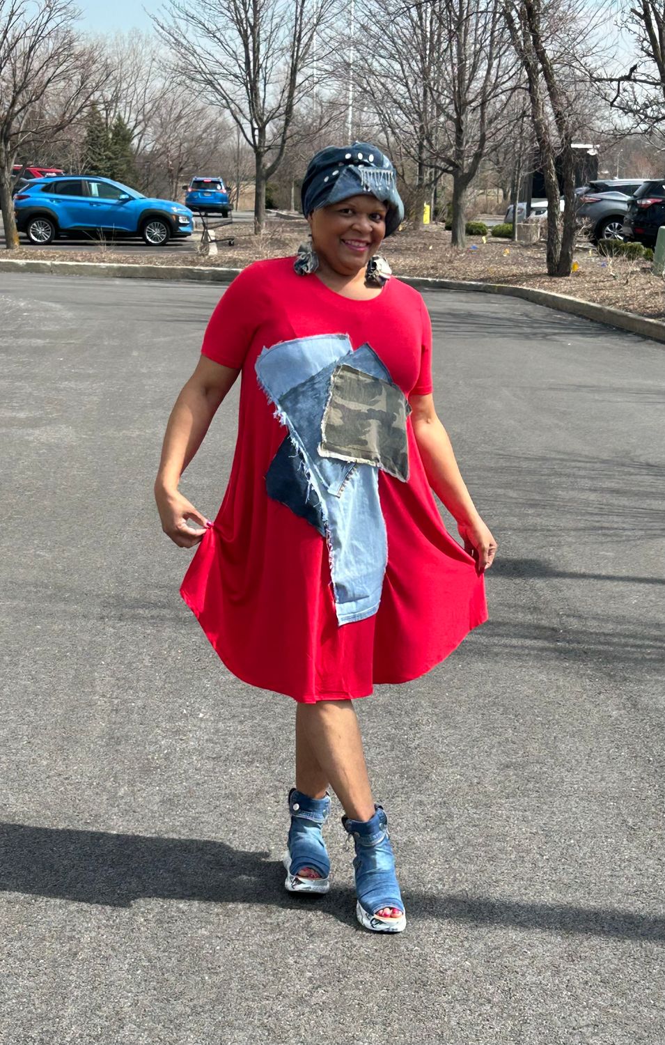 Denim Red Patchwork Dress