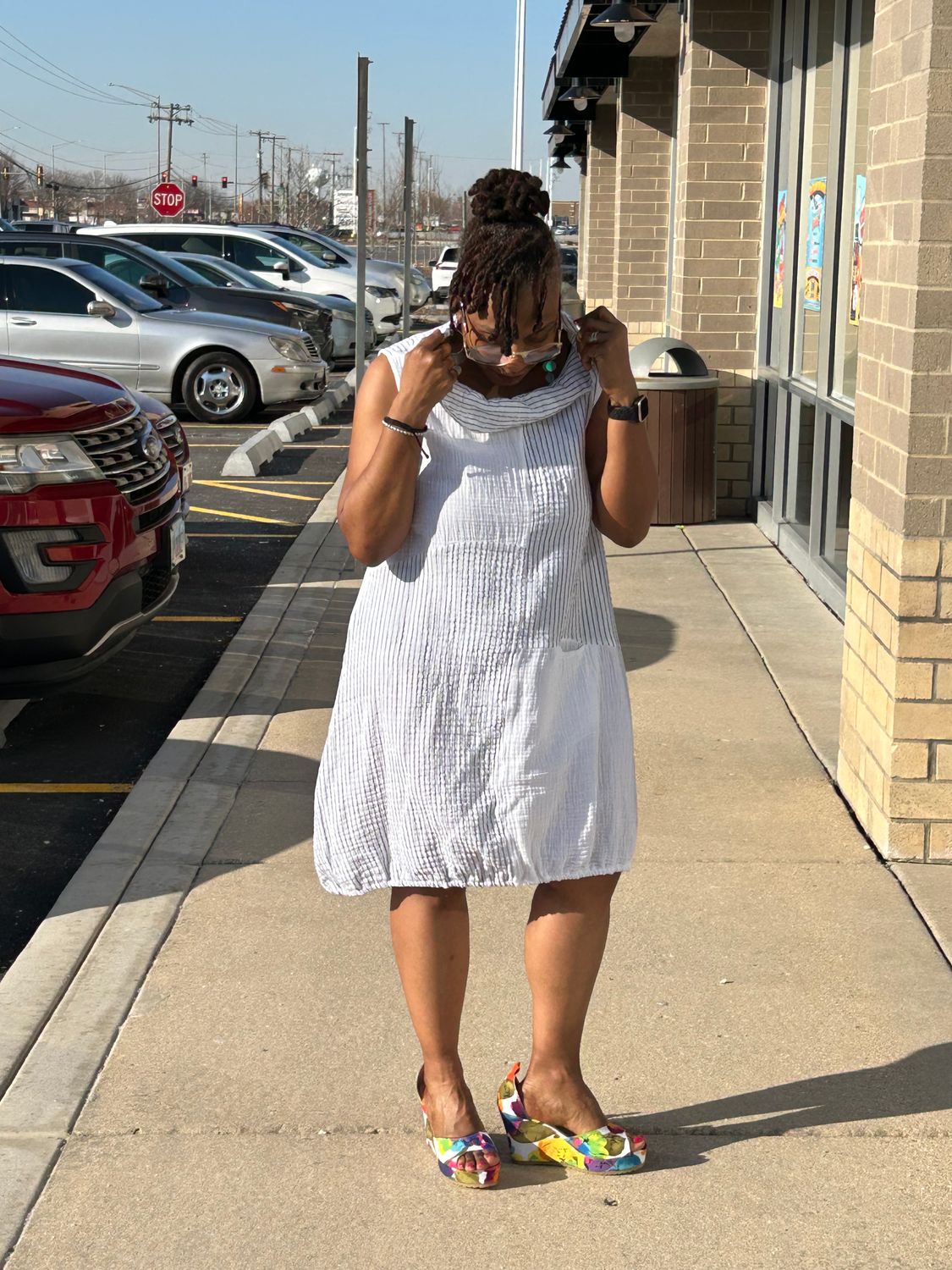 White Stripe Collared Dress