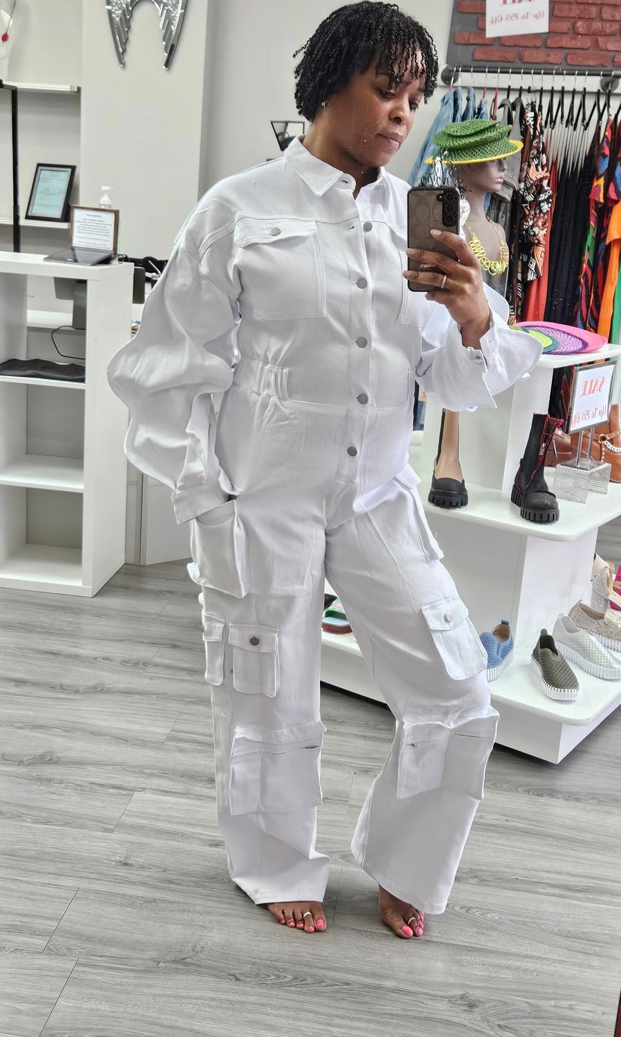 Denim Cargo Ruffle Sleeve Jumpsuit