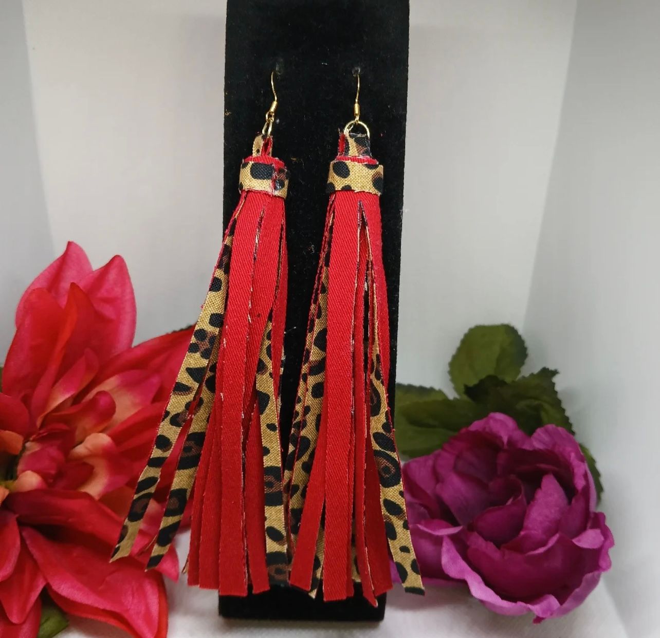 Red Leopard Denim Fringe Earrings