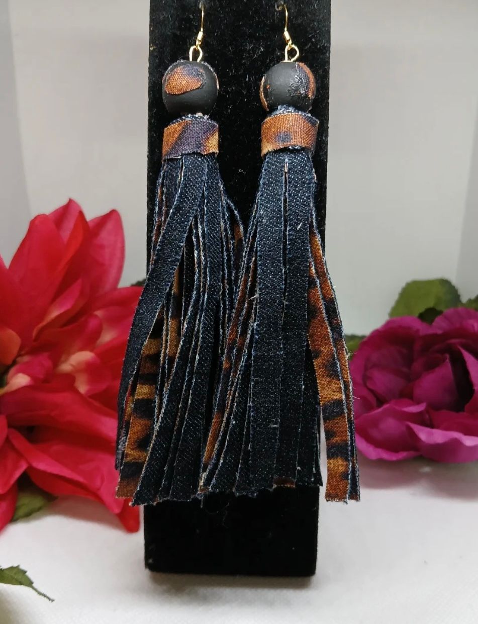 Leopard Denim Fringe Earrings