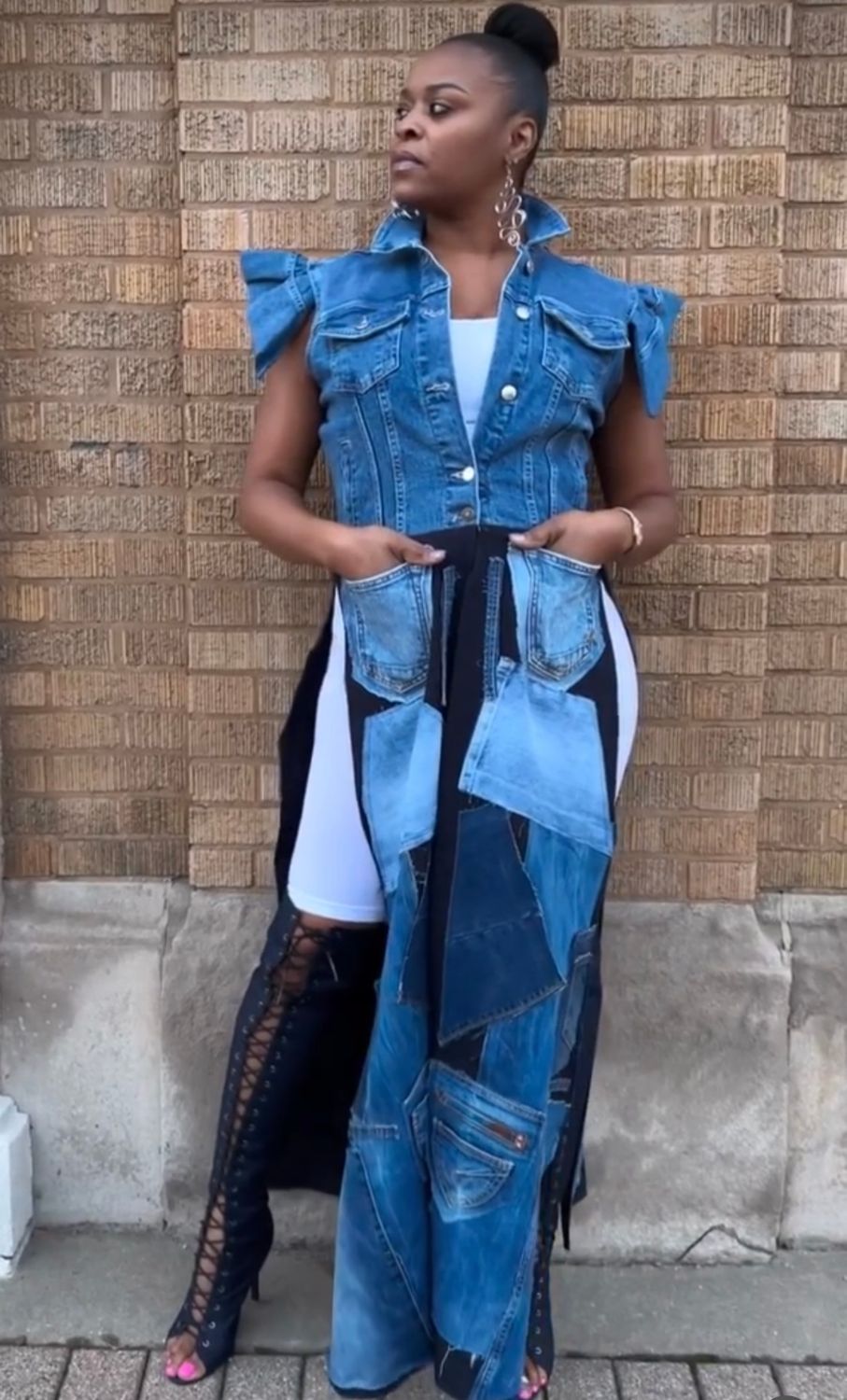 Denim Patchwork Side Split Vest