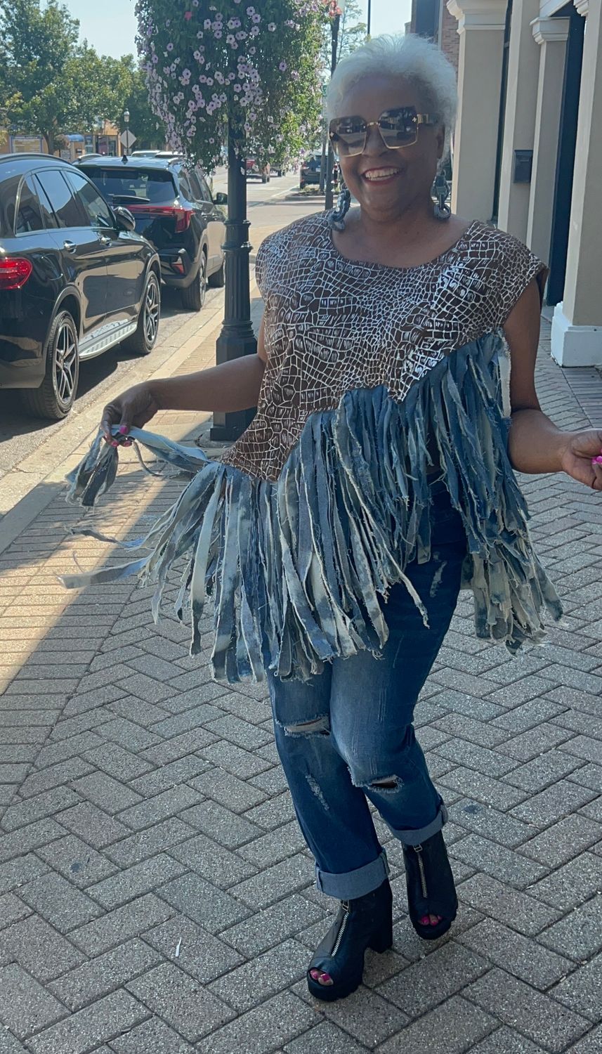 Denim Rags Fringe Print Top