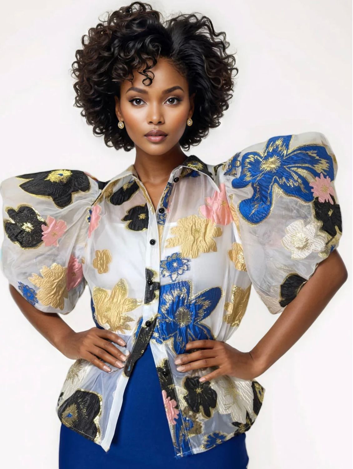 Golden Floral Puff Sleeve Top