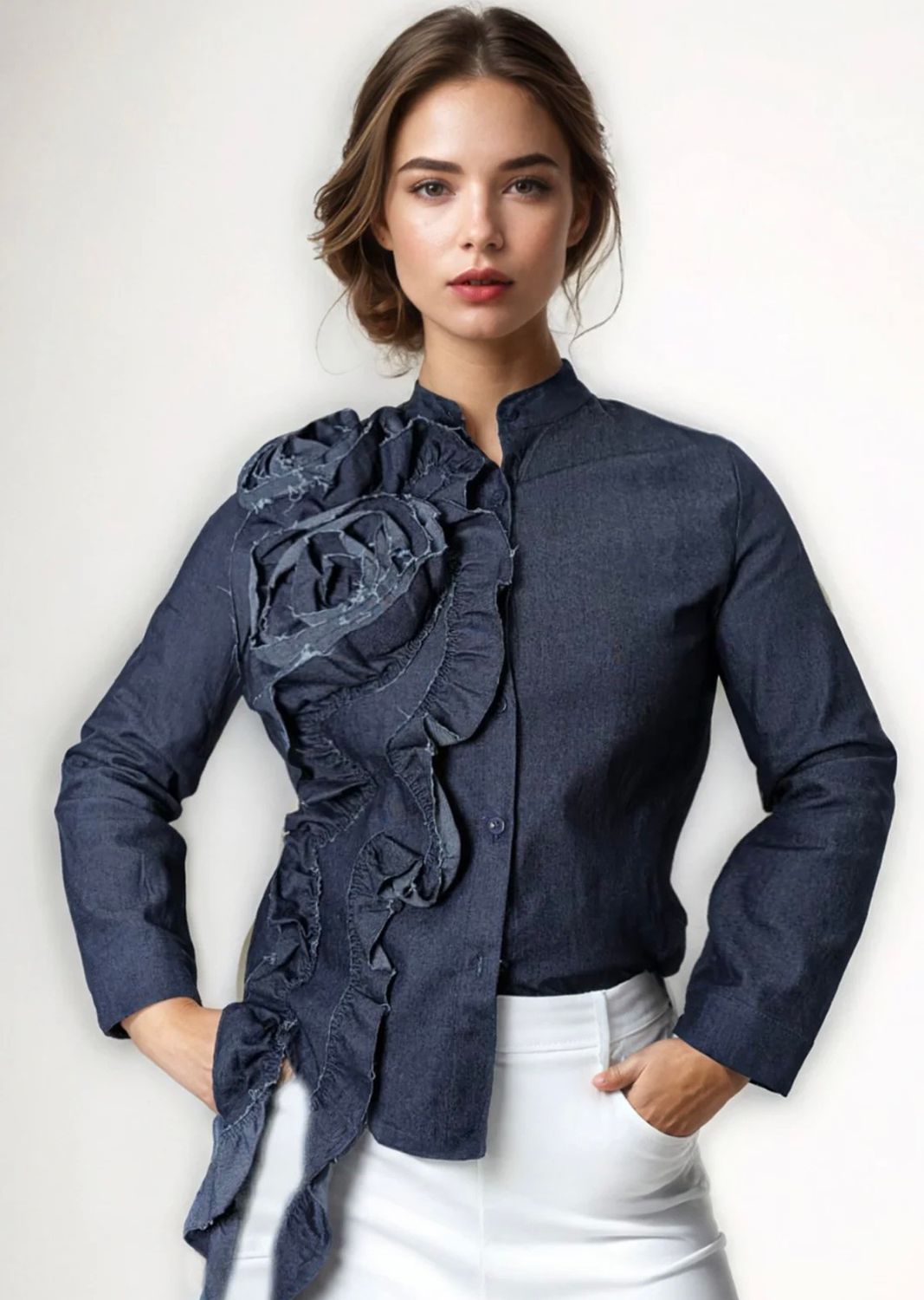 Ruffled Flower Denim Top