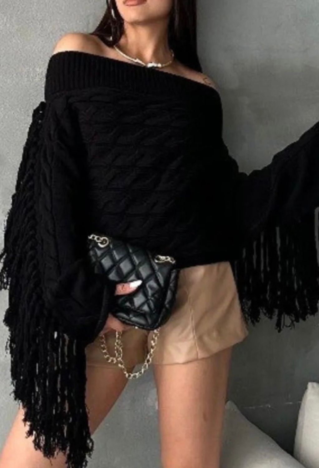 Knit Tassel Off-Shoulder Sweater - Black