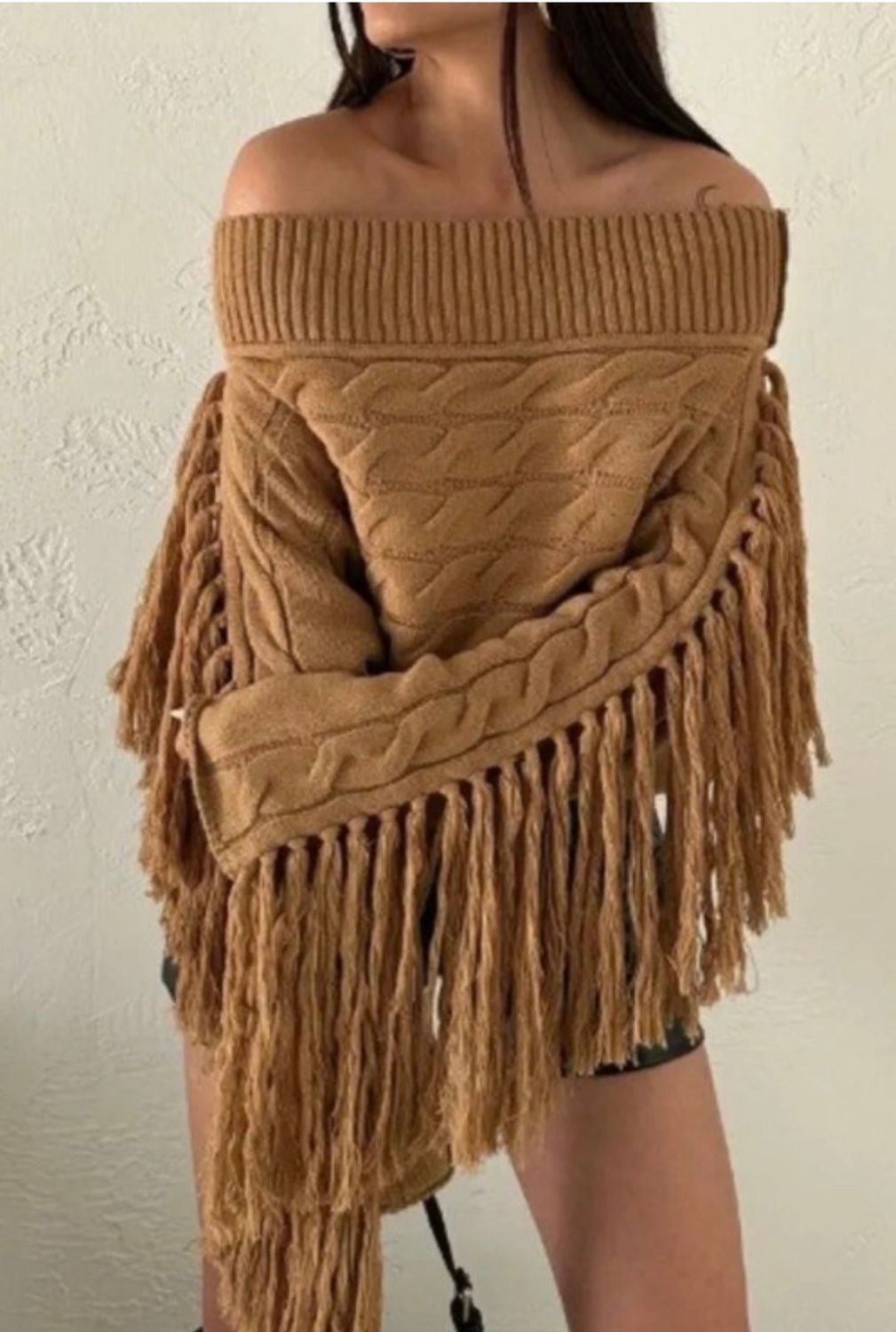 Knit Tassel Off-shoulder Sweater - Mocha