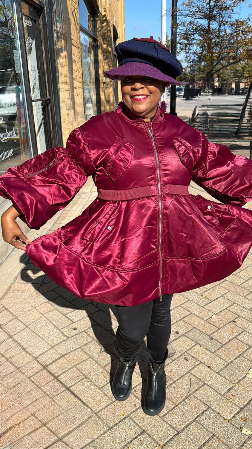 Puffer Sleeve Peplum Jacket - Wine