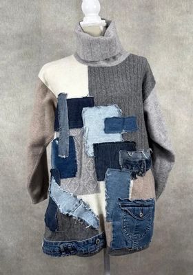 Denim Patchwork Turtleneck Sweater