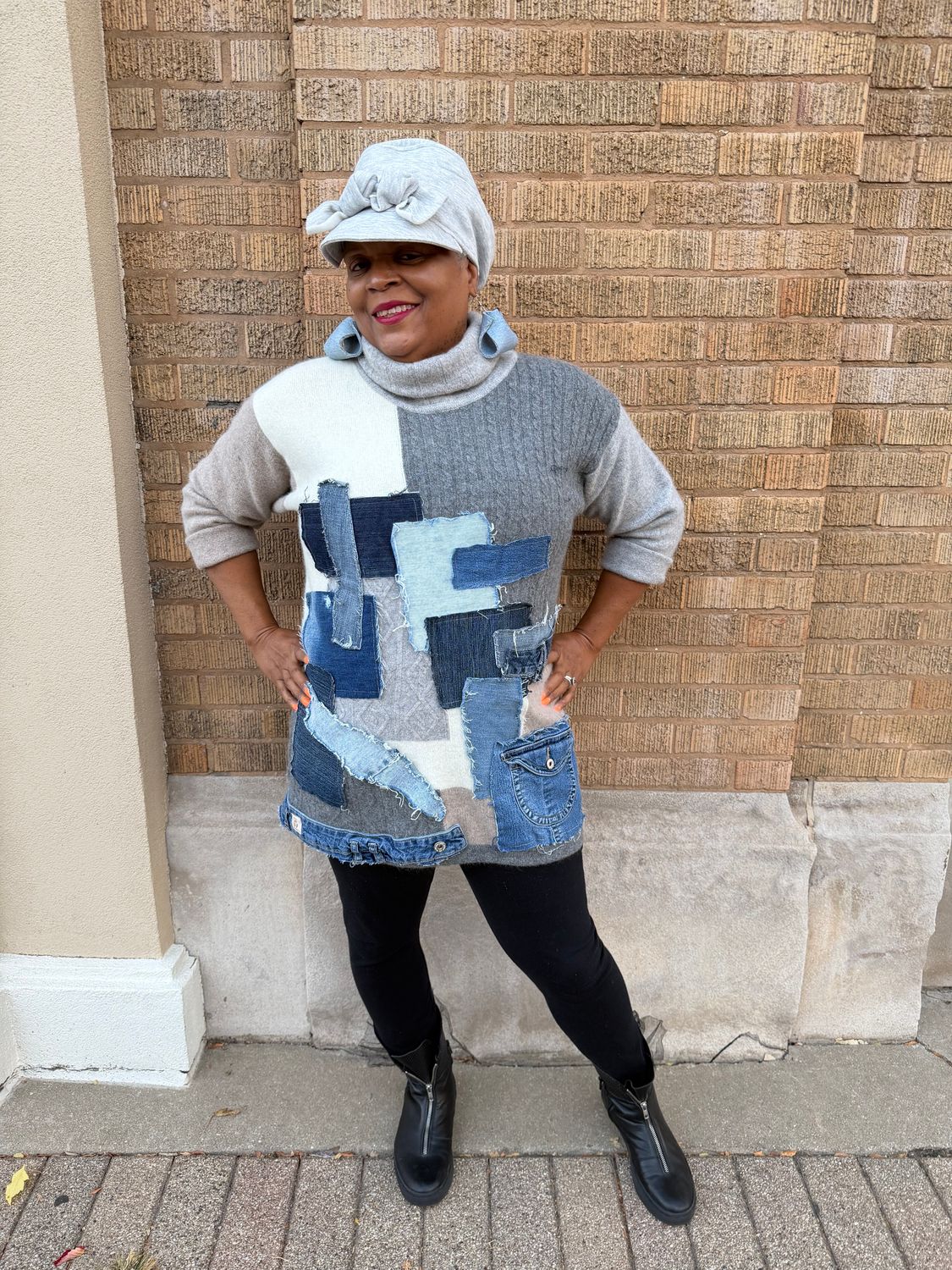 Denim Patchwork Turtleneck Sweater