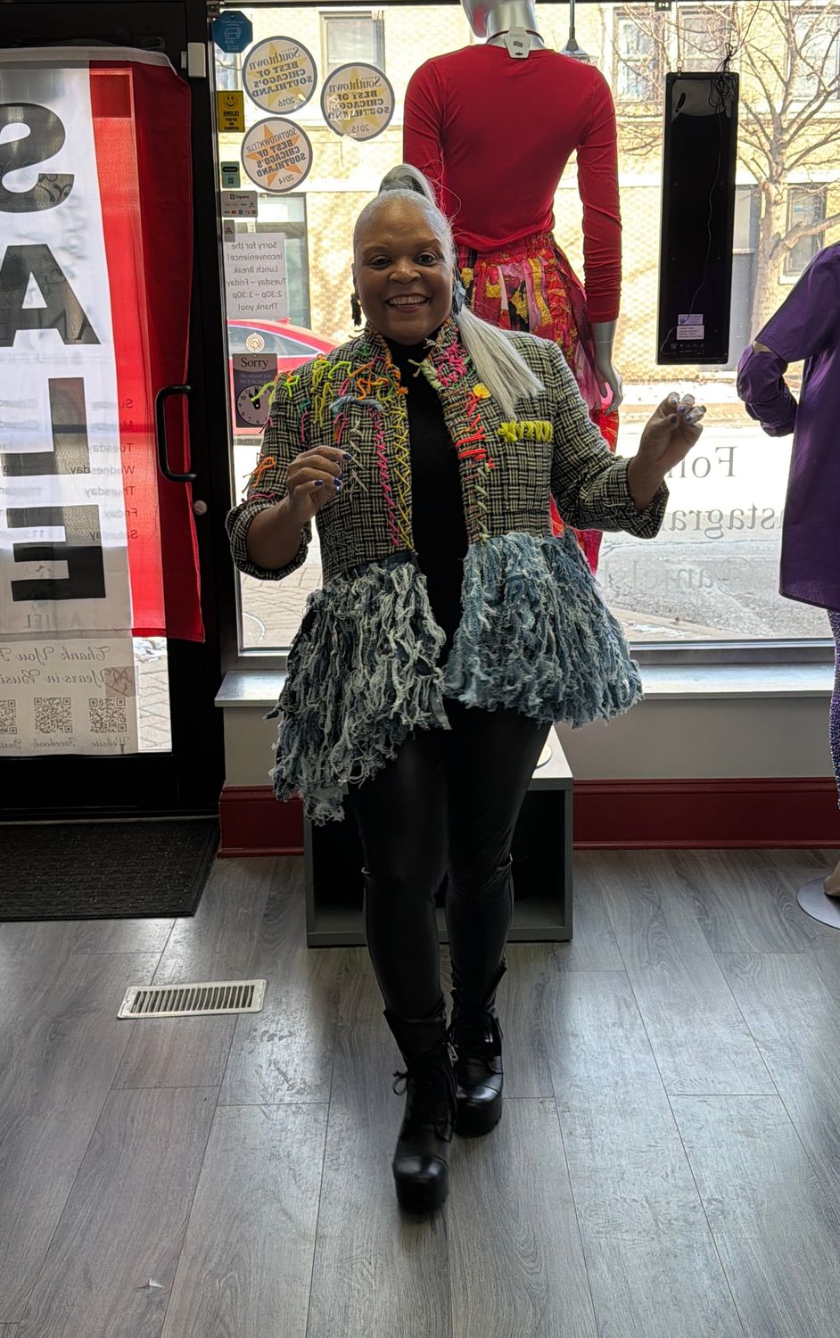 Mixed Tweed Denim Fringe Blazer