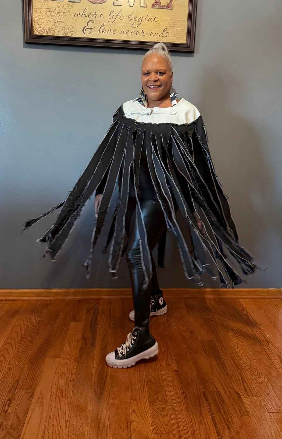 Leather &amp; Denim Fringe Poncho