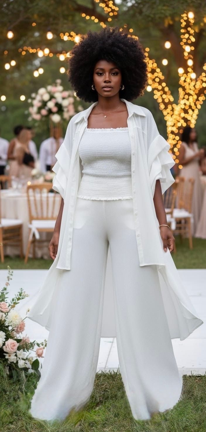 White Flowy Duster &amp; Palazzo Pant Set