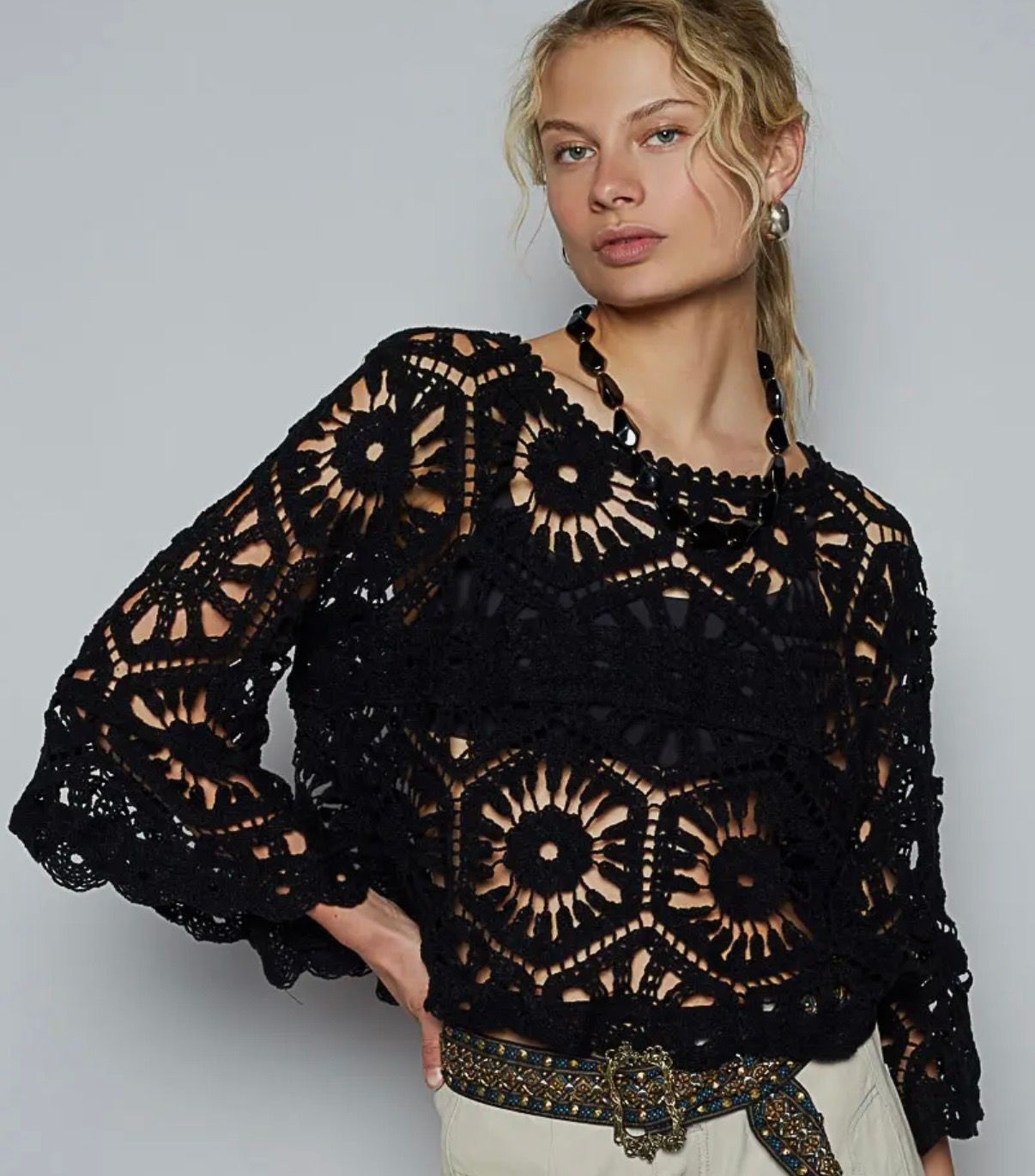 3/4 Sleeve Crochet Top - Black