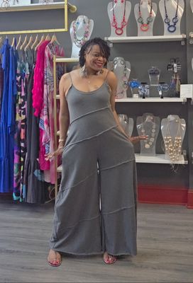 Stitched Wide Leg Jumpsuit - Gray