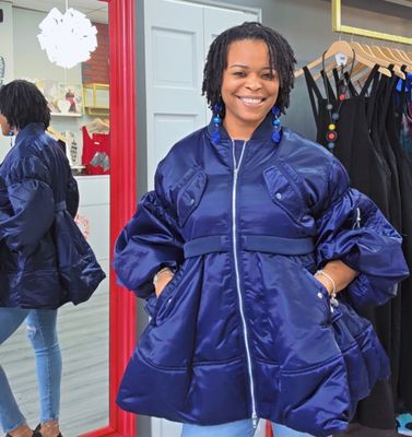 Puff Sleeve Peplum Jacket - Navy