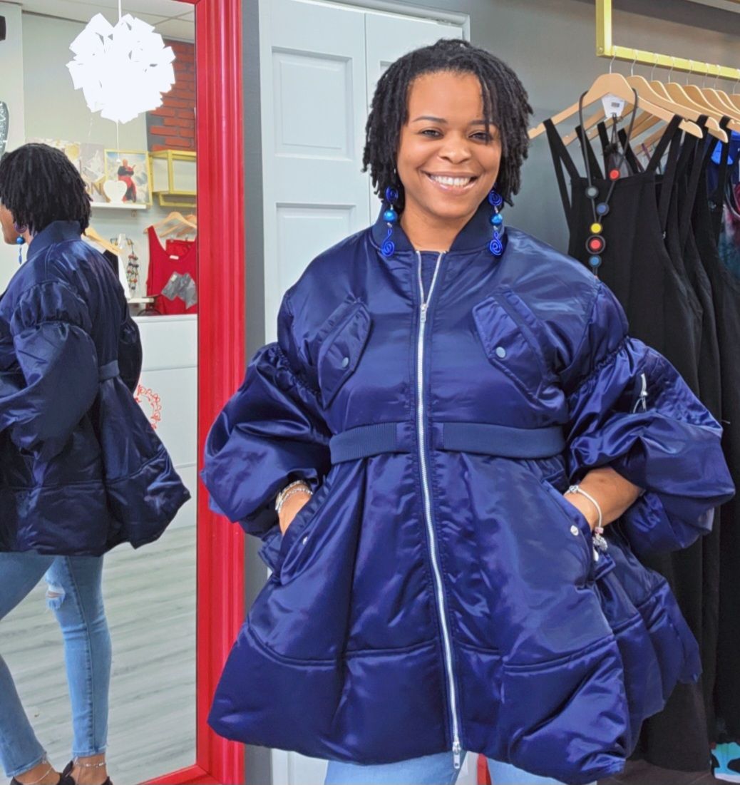Puff Sleeve Peplum Jacket - Navy