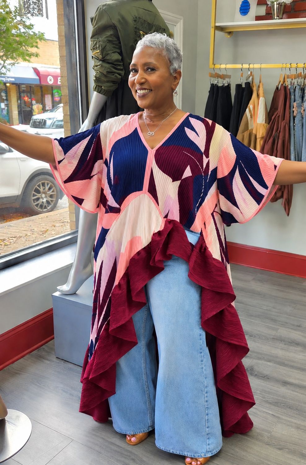 Burgundy Abstract Flouncy Top