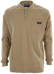 Flame Resistant (FR) Long Sleeve Henley Shirt, 100% Cotton, Tan