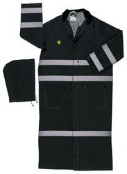 .35mm FR PVC/Polyester 60" Trench Coat, Hood, REFLECTIVE STRIPES, Black