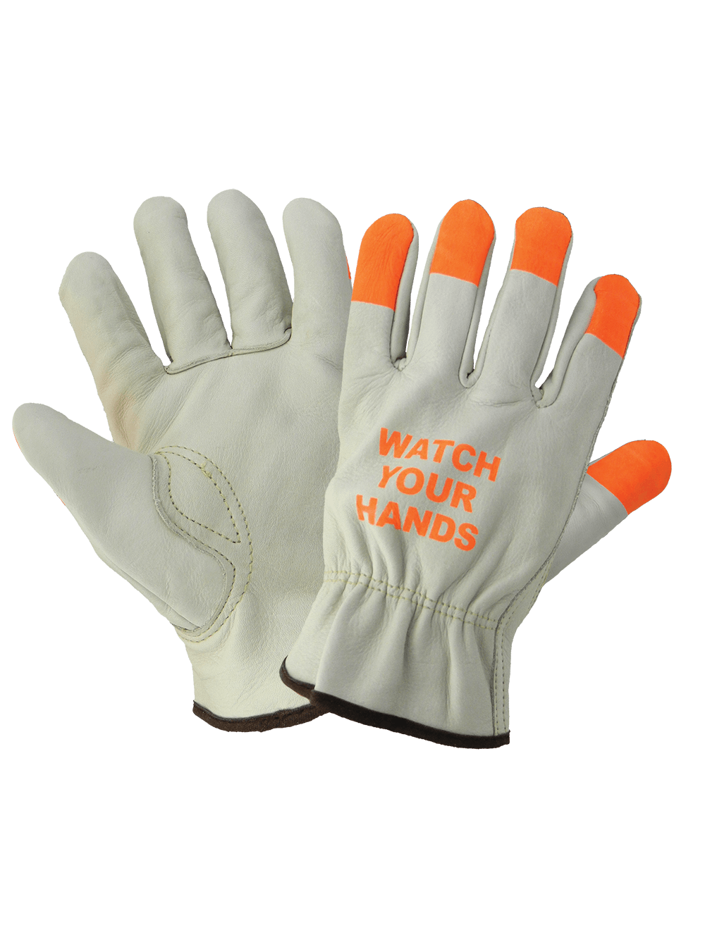 Cow Grain Leather "Watch Your Hands" Driver's Gloves, Orange Tips, Per Doz