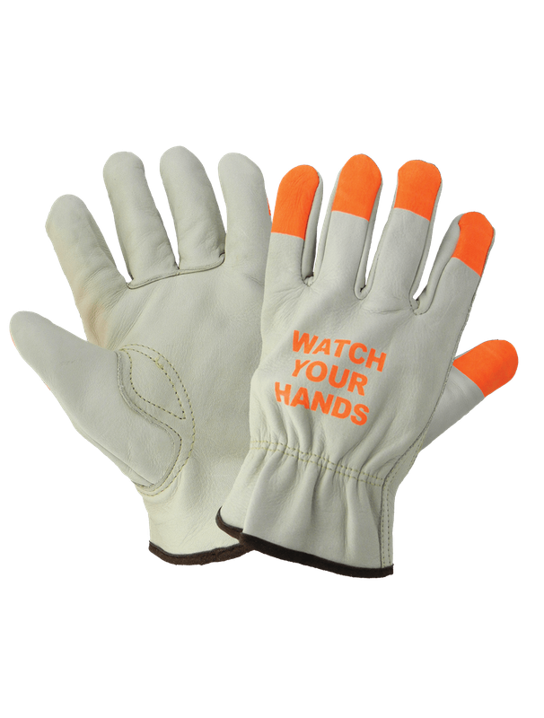 Cow Grain Leather "Watch Your Hands" Driver's Gloves, Orange Tips, Per Doz