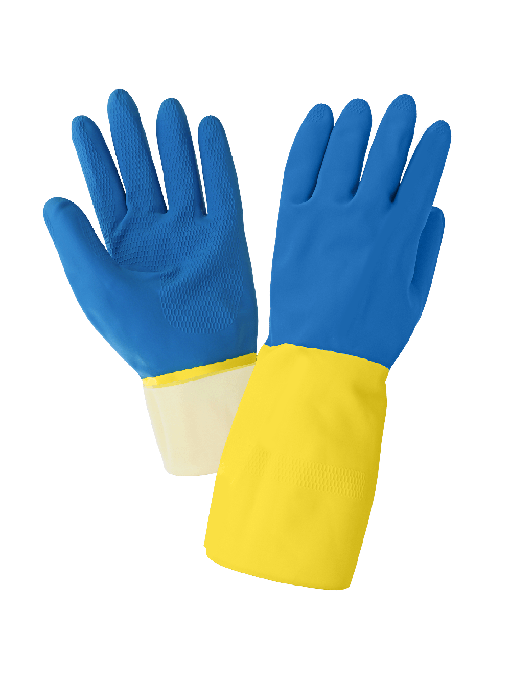 Flock-Lined 28-Mil Yellow Rubber Latex Chemical Gloves with Blue Neoprene Coating, Per Doz