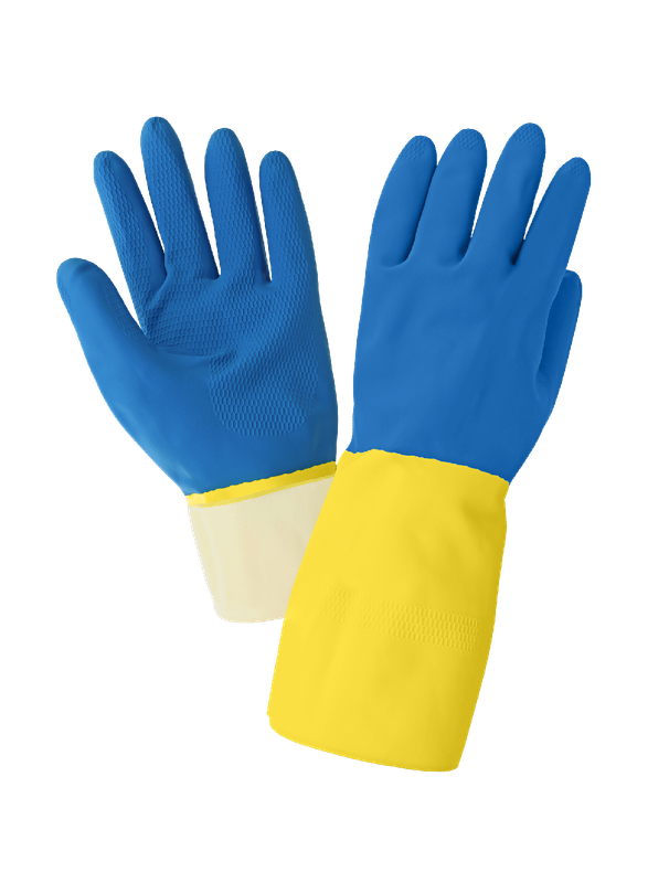 Flock-Lined 28-Mil Yellow Rubber Latex Chemical Gloves with Blue Neoprene Coating, Per Doz