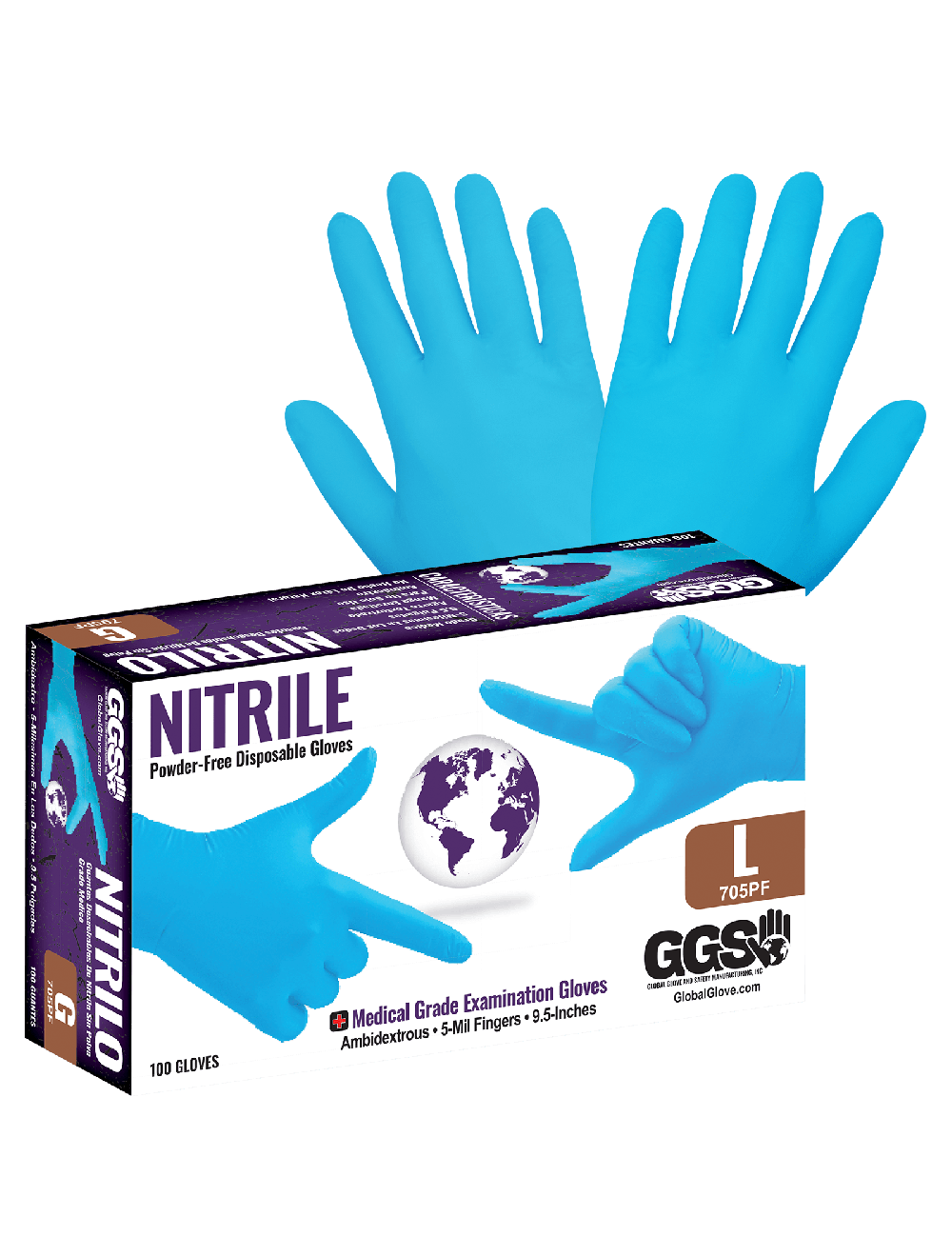 Nitrile, Powder Free, Medical-Grade, Blue, 5-Mil, Textured Fingertips, 9.5-Inch Disposable Examination Gloves