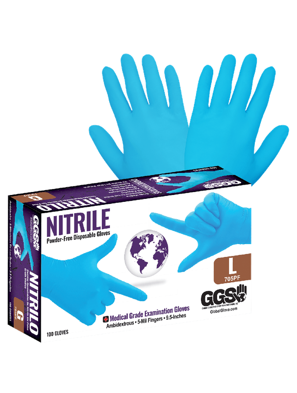 Nitrile, Powder Free, Medical-Grade, Blue, 5-Mil, Textured Fingertips, 9.5-Inch Disposable Examination Gloves
