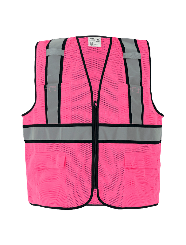 Enhanced Visibility Pink Polyester Vest with Constrasting Black Stripes, Silver Reflective, and Six Pockets