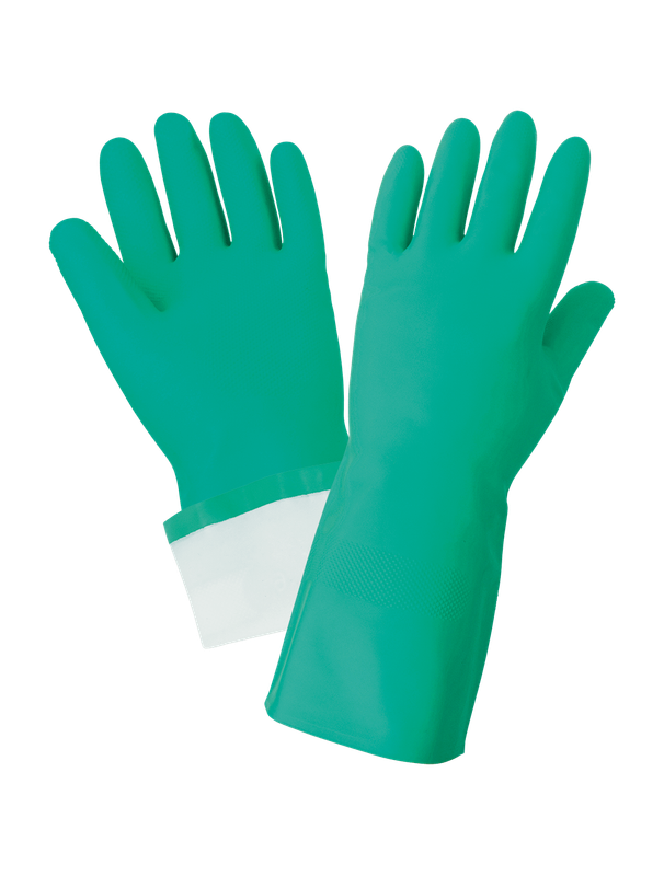 Flock-Lined Nitrile Unsupported Chemical Gloves, Green 15mil, Per Dozen
