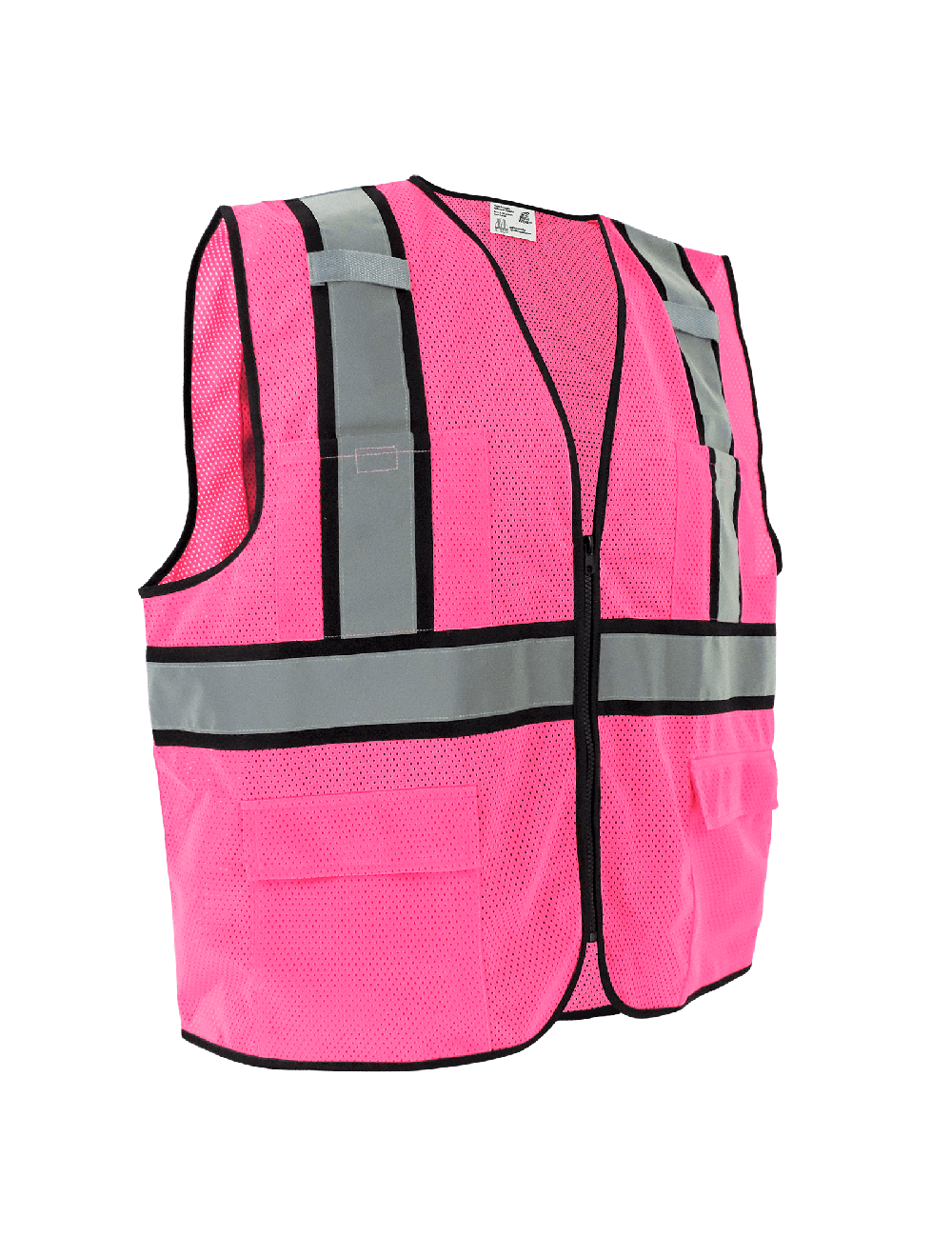Enhanced Visibility Pink Polyester Vest with Constrasting Black Stripes, Silver Reflective, and Six Pockets