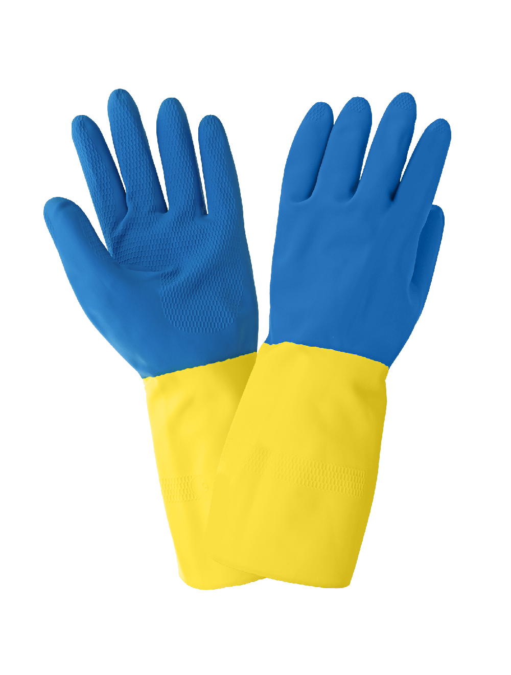 Flock-Lined 28-Mil Yellow Rubber Latex Chemical Gloves with Blue Neoprene Coating, Per Doz