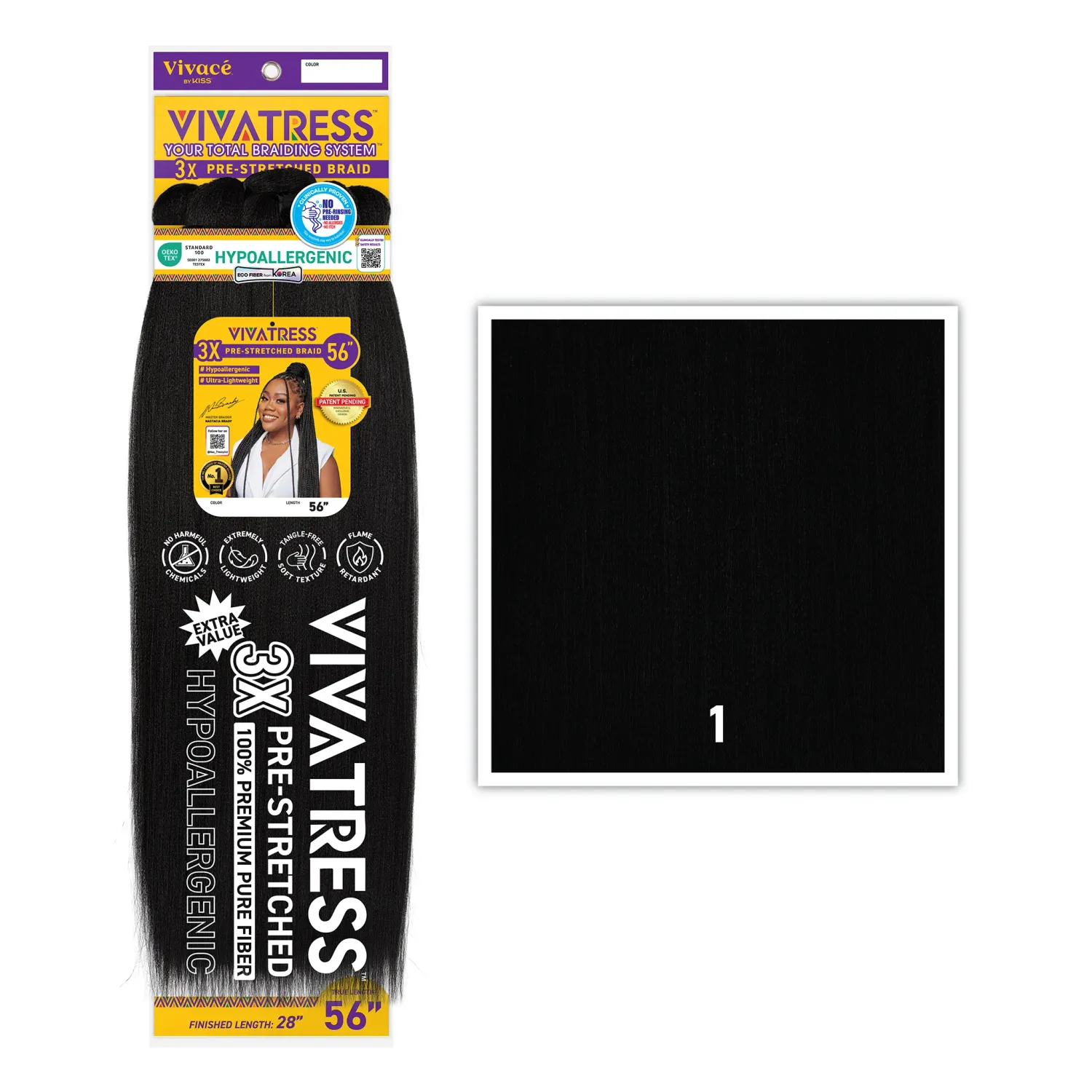 Vivatress 56" Pre-Stretched Braiding Hair, Color: 1