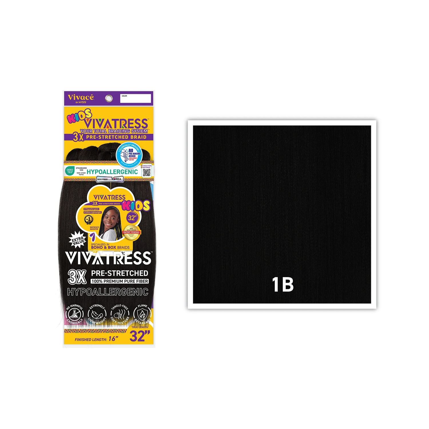 Vivatress 32" Kid Pre-Stretched Braiding Hair, Color: 1B