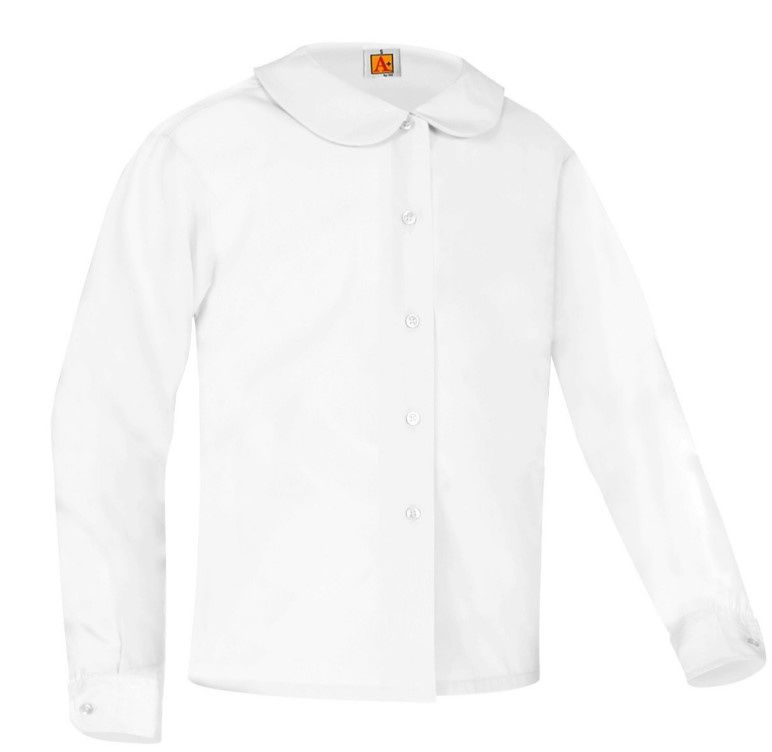 Girls White Peter Pan Broadcloth Long Sleeve Blouse, Size: Youth XXS