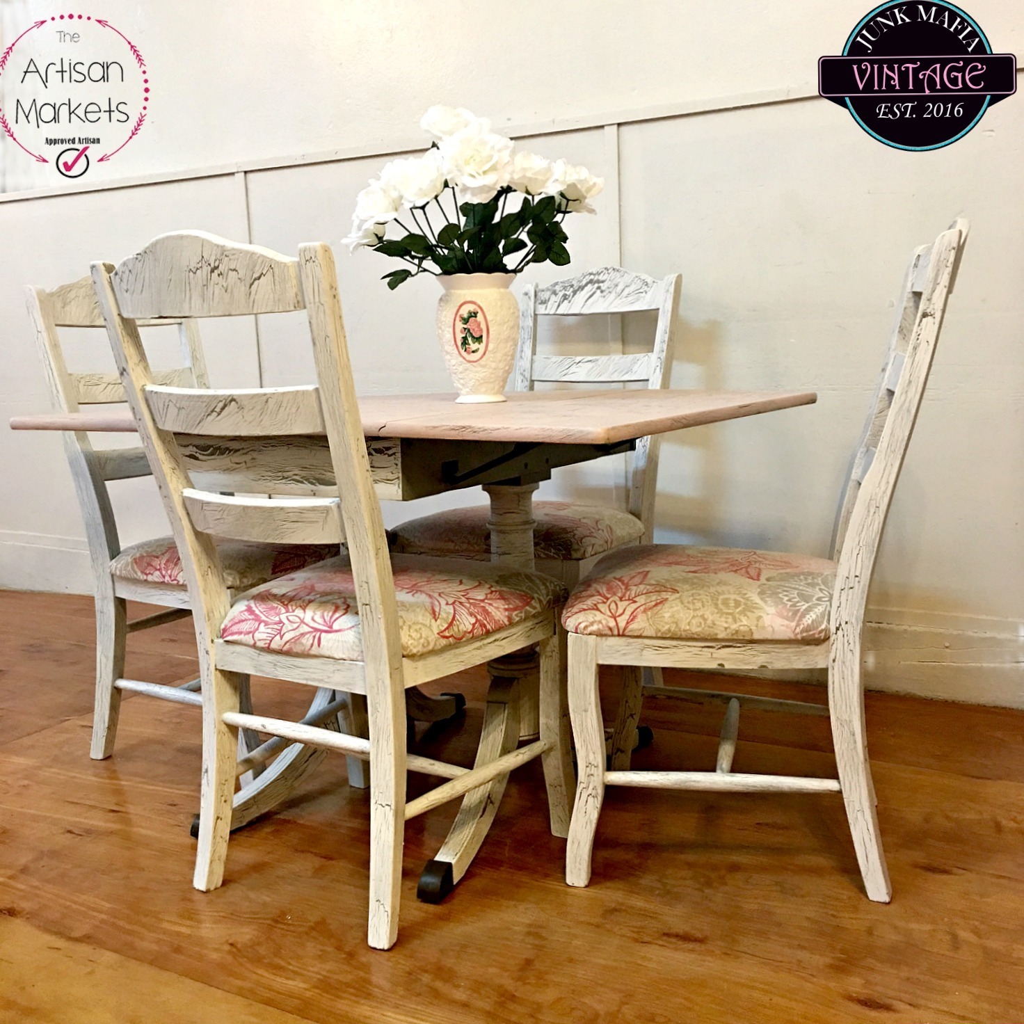 Shabby Country Style Antique Dining Drop Leaf Table and 4 Chairs