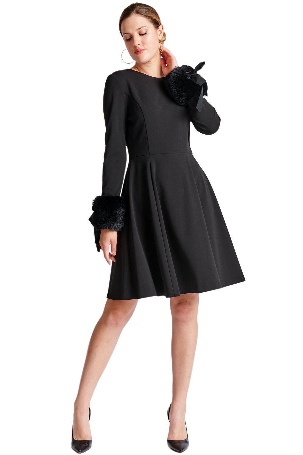 SAASHI Crepe fit &amp; flare dress with faux fur cuffs