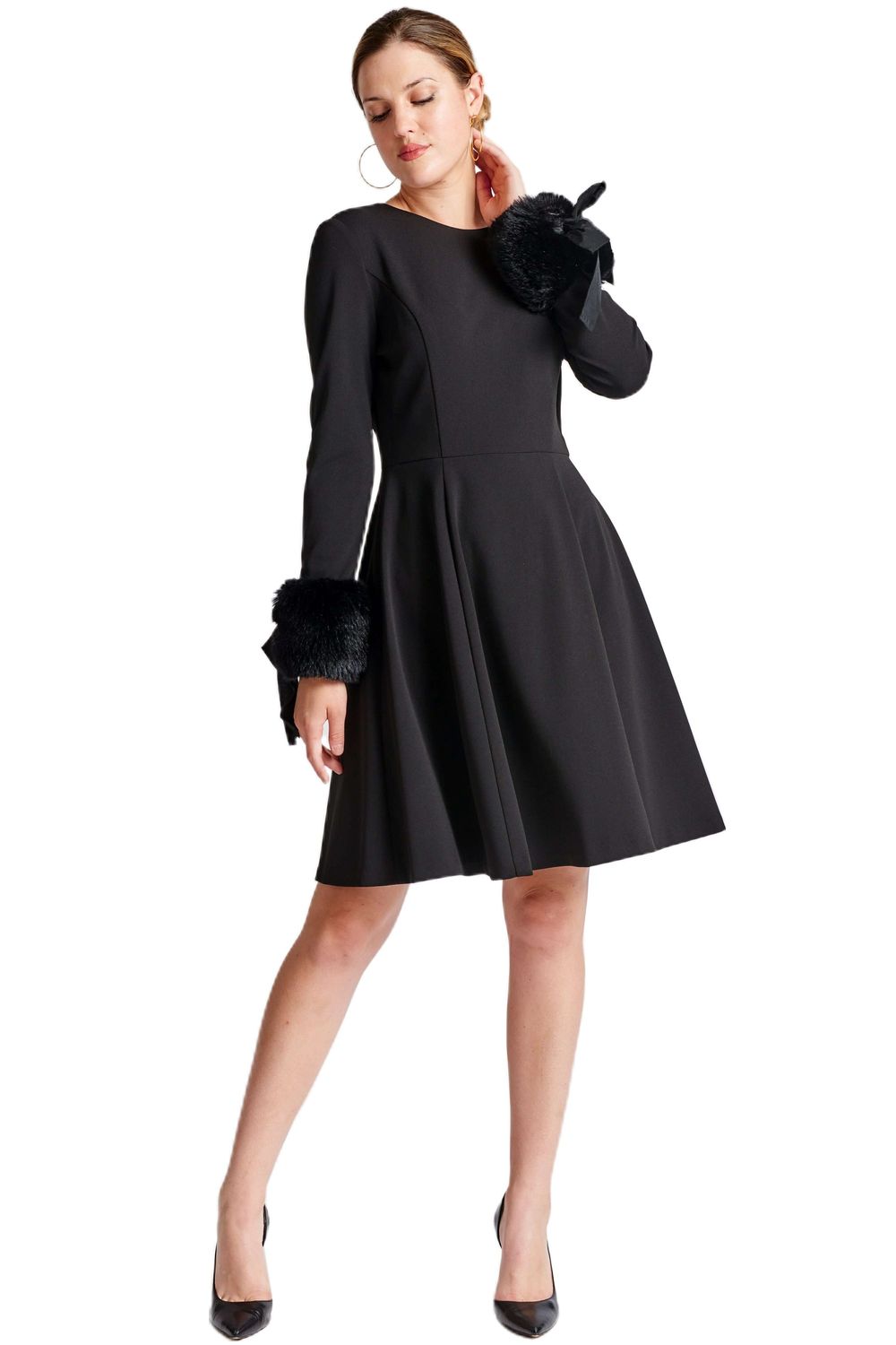 SAASHI Crepe fit &amp; flare dress with faux fur cuffs, Size: 12, Color: Black