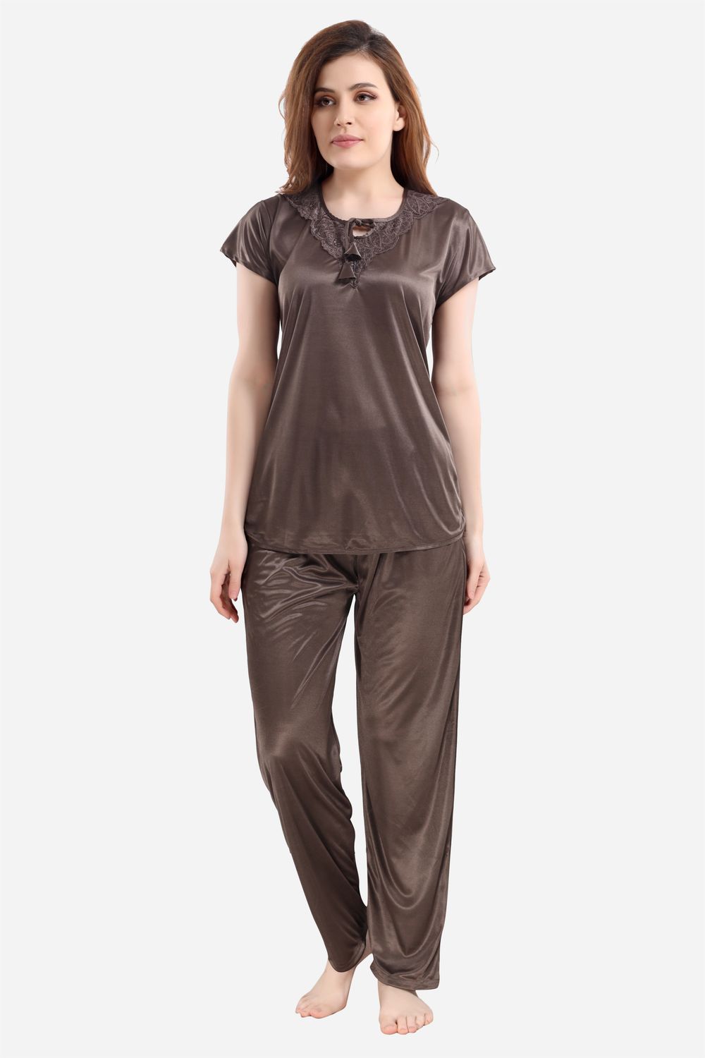 SAASHI Women&#39;s Satin Solid Brown Regular Length Top and Pyjama