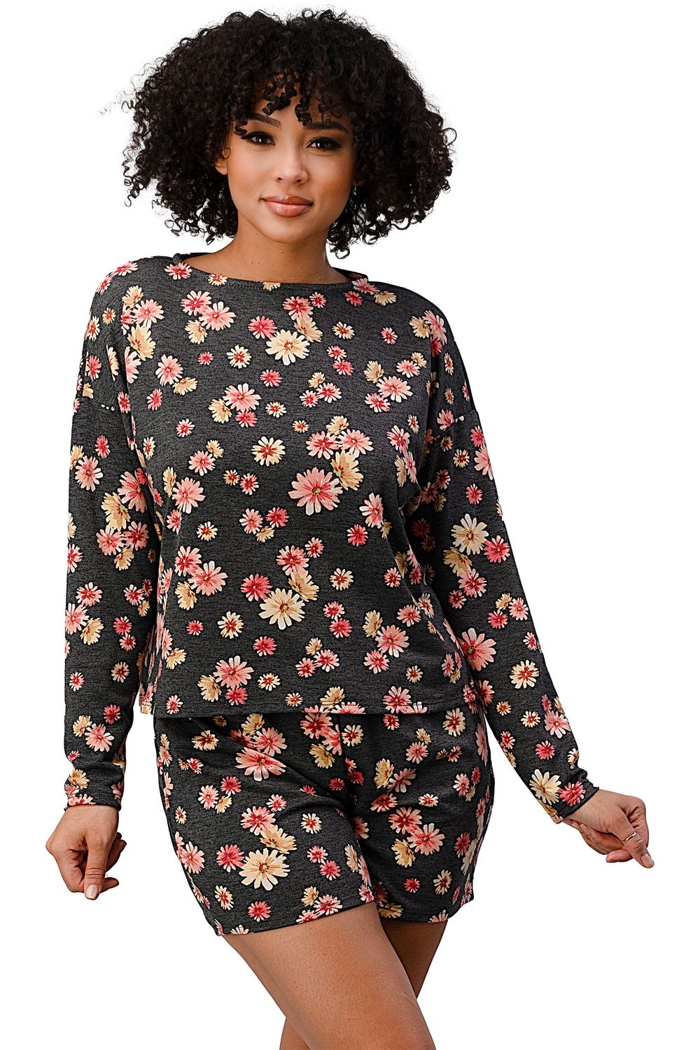 Floral Lounge Set - Comfy Long Sleeve Top and Shorts, Size: S, Color: BLACK