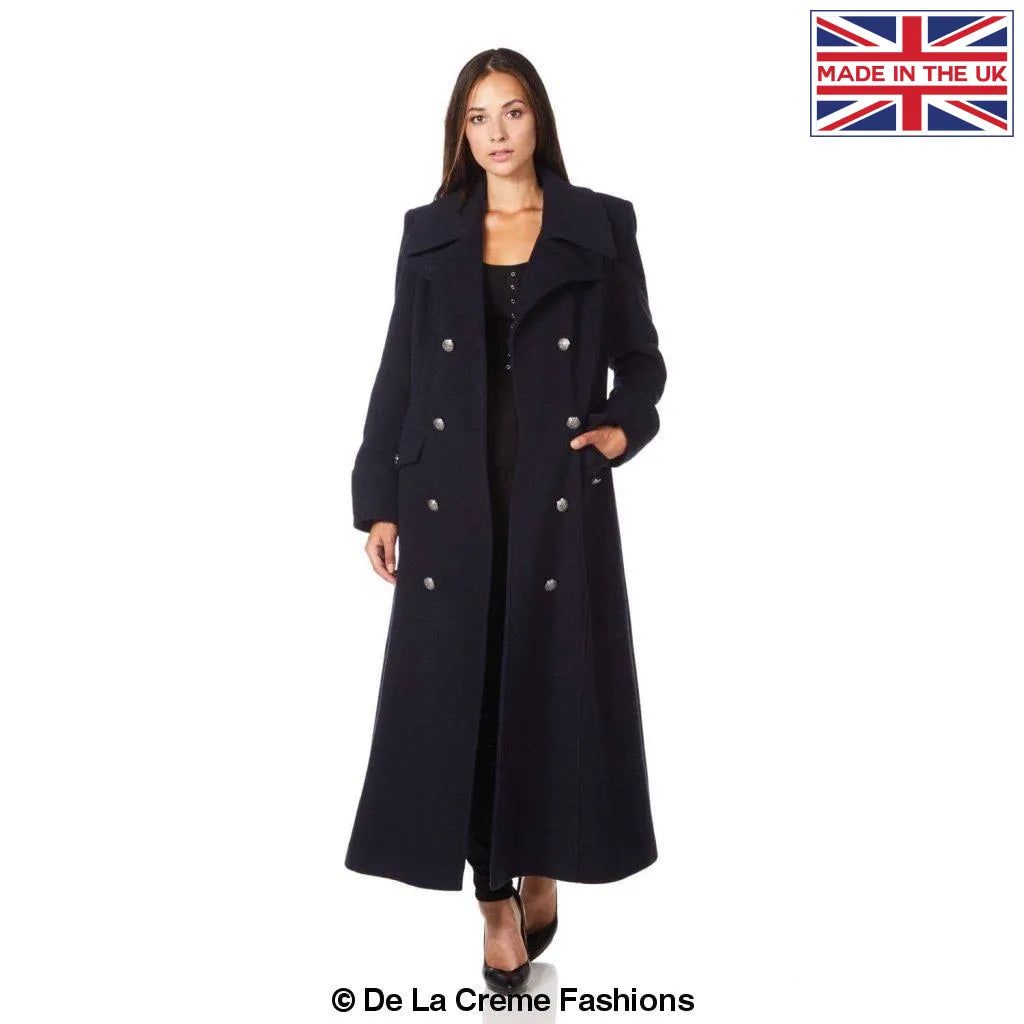 SAASHI Wool Blend Double Breasted Maxi Coat, Size: UK 10/EU 38/US 6, Colour: Navy