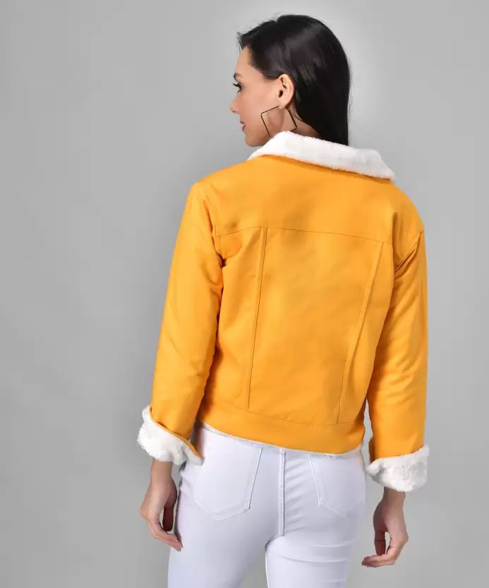 SAASHI Women Solid Light Weight Casual Short Jacket, Size: XL, Color: Yellow