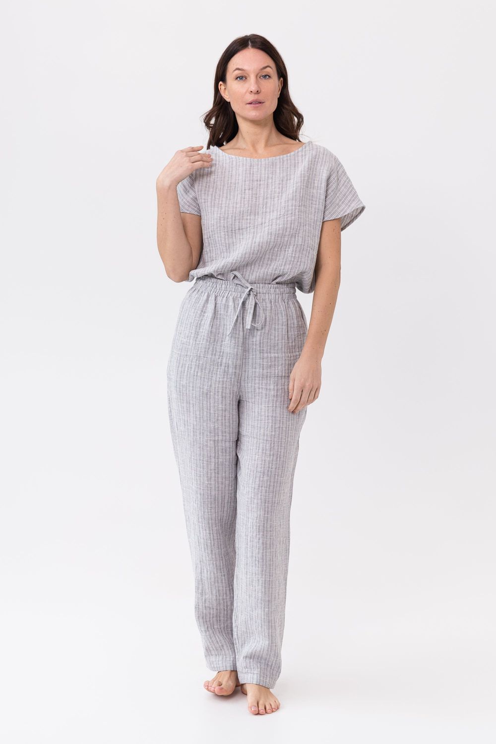 SAASHI Cloudy Grey Stripe Natural Linen Pajama set
