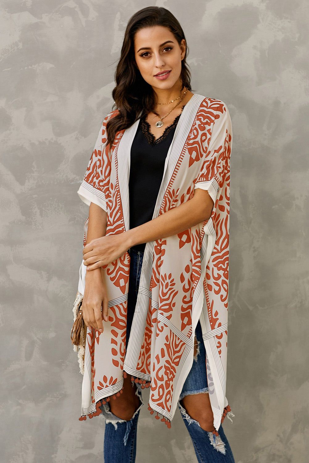 SAASHI Bohemian Orange Prowess Pom Pom Kimono