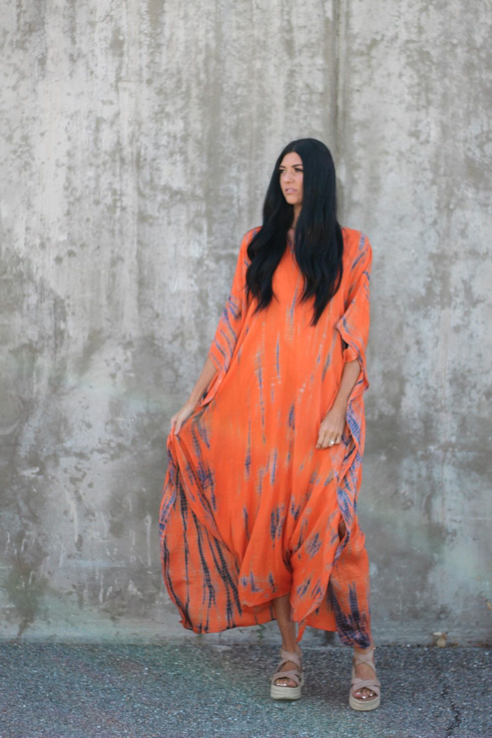 SAASHI Hand-Dyed Tie-Dye Orange Maxi Kaftan Dress with Pockets, Size: Regular (0-14), Length: 50 in