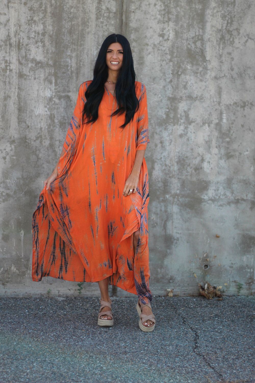 SAASHI Hand-Dyed Tie-Dye Orange Maxi Kaftan Dress with Pockets