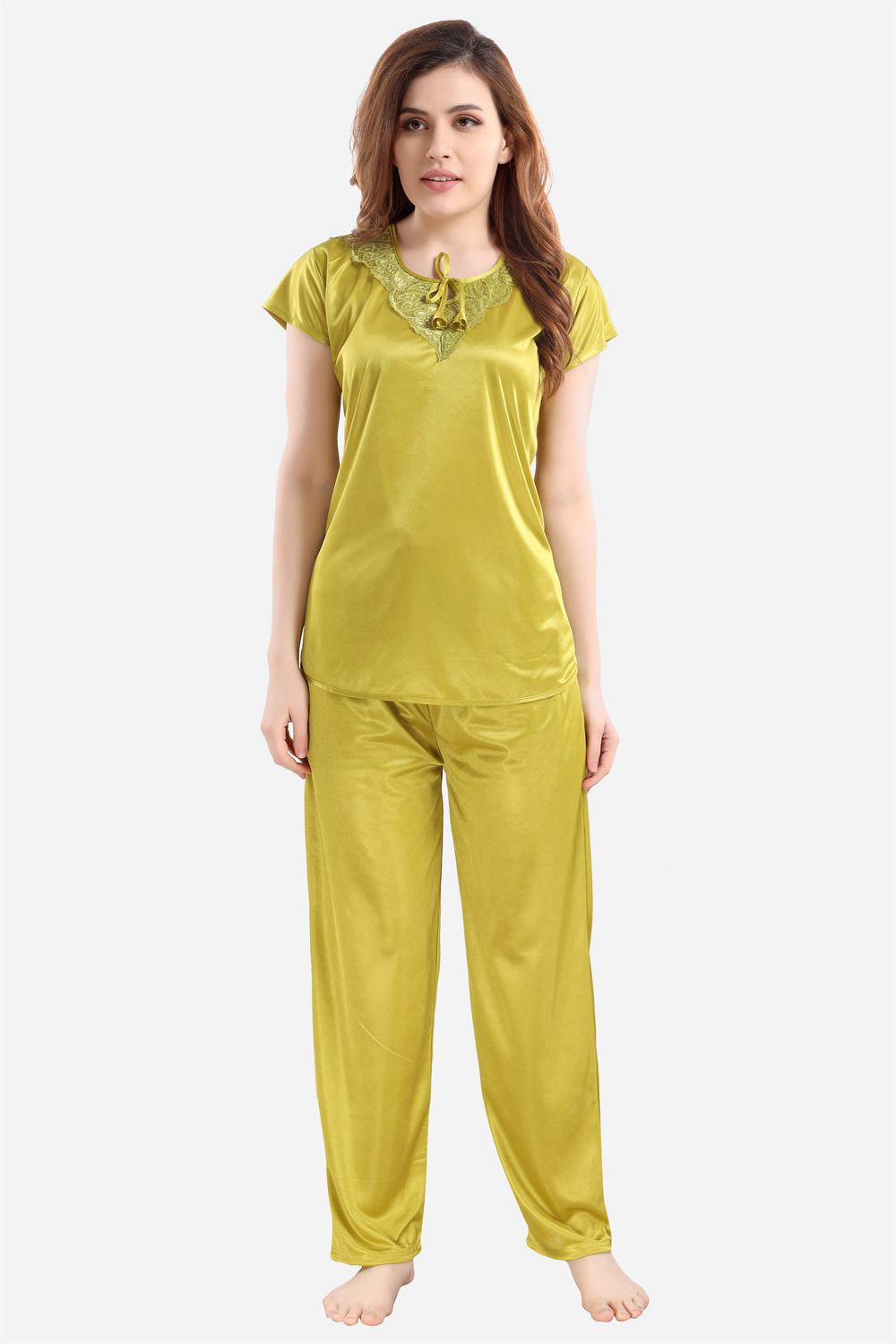 SAASHI Women&#39;s Satin Solid Olive Green Regular Length Top and Pyjama